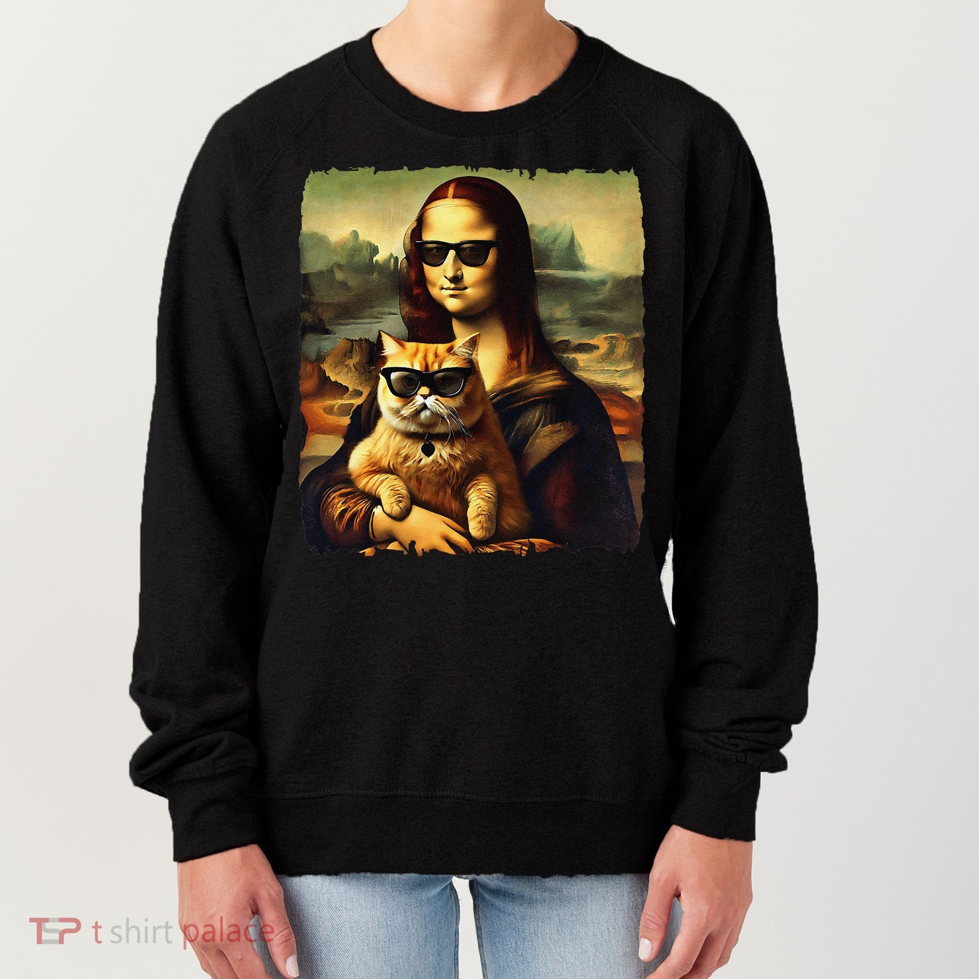 Mona Lisa Holding Cat Wearing Sunglass Kitty For Cats Lover Women's Sweatshirt