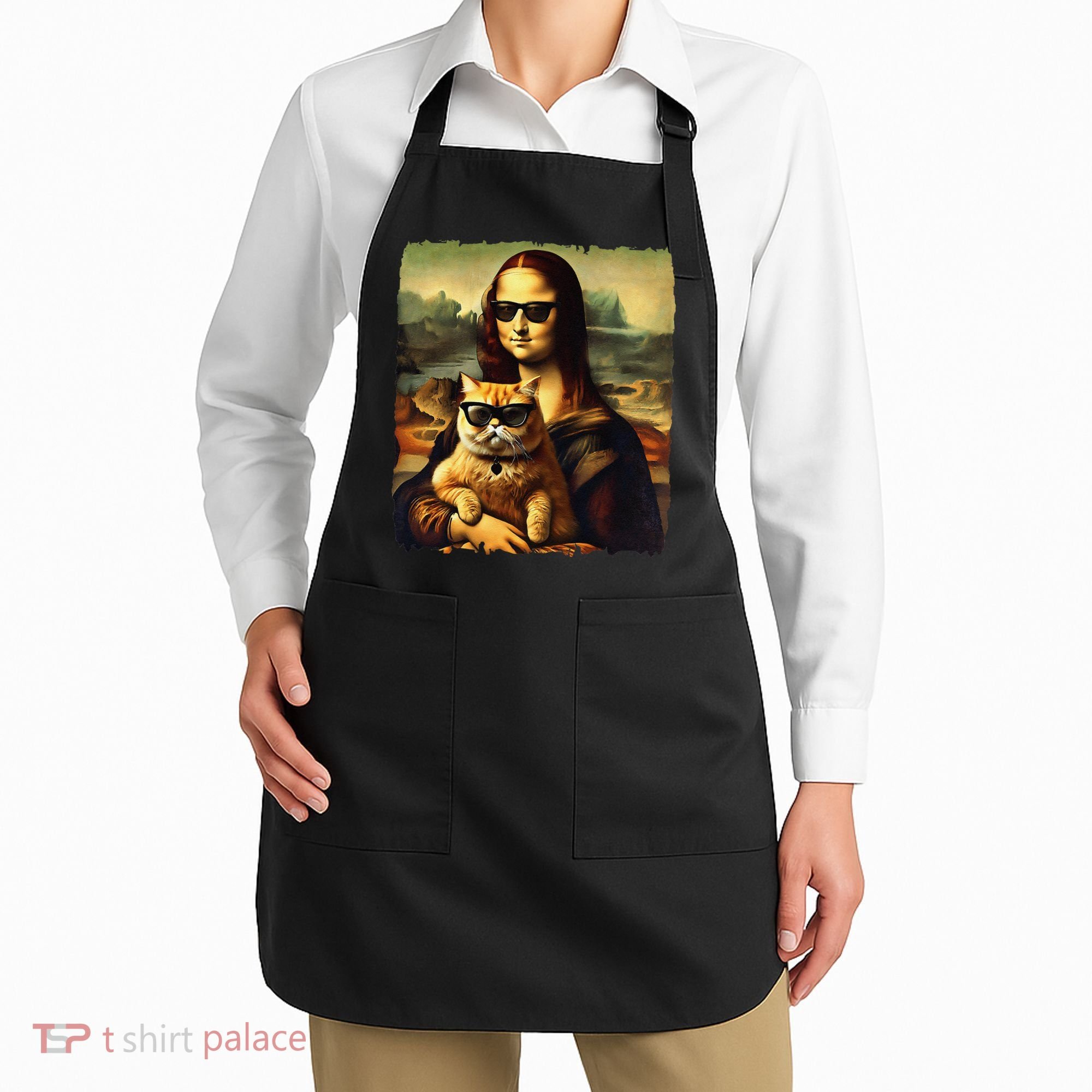 Mona Lisa Holding Cat Wearing Sunglass Kitty For Cats Lover Apron