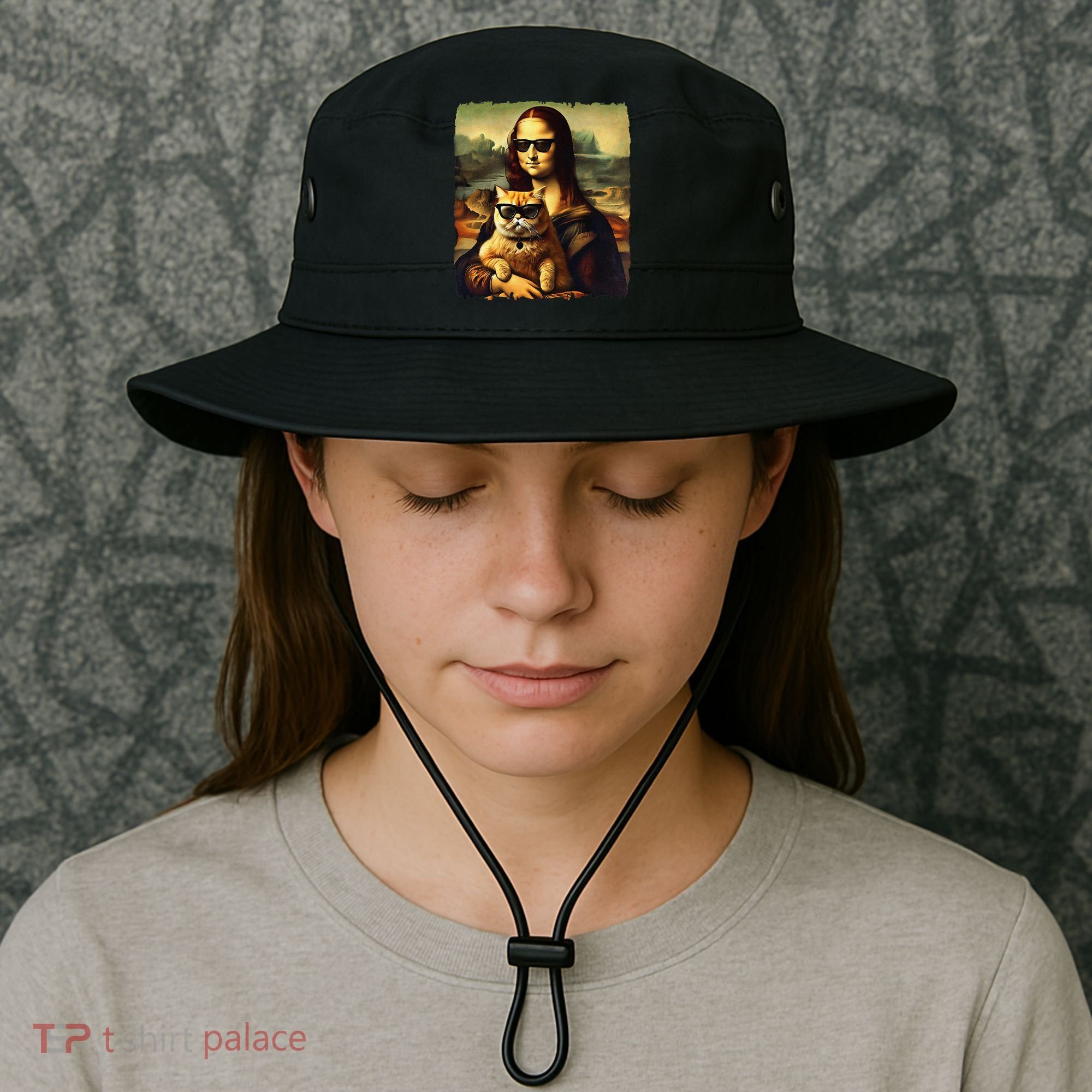 Mona Lisa Holding Cat Wearing Sunglass Kitty For Cats Lover Bucket Hat