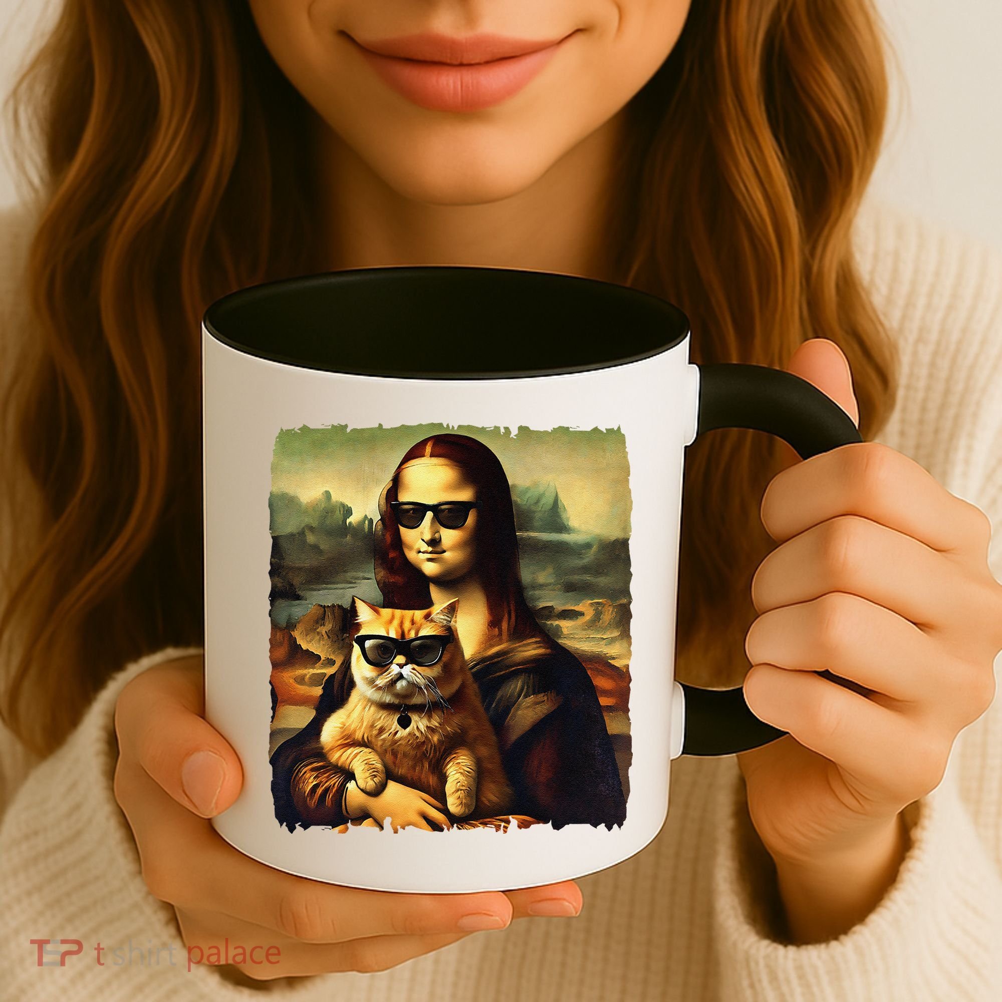 Mona Lisa Holding Cat Wearing Sunglass Kitty For Cats Lover Coffee Mug