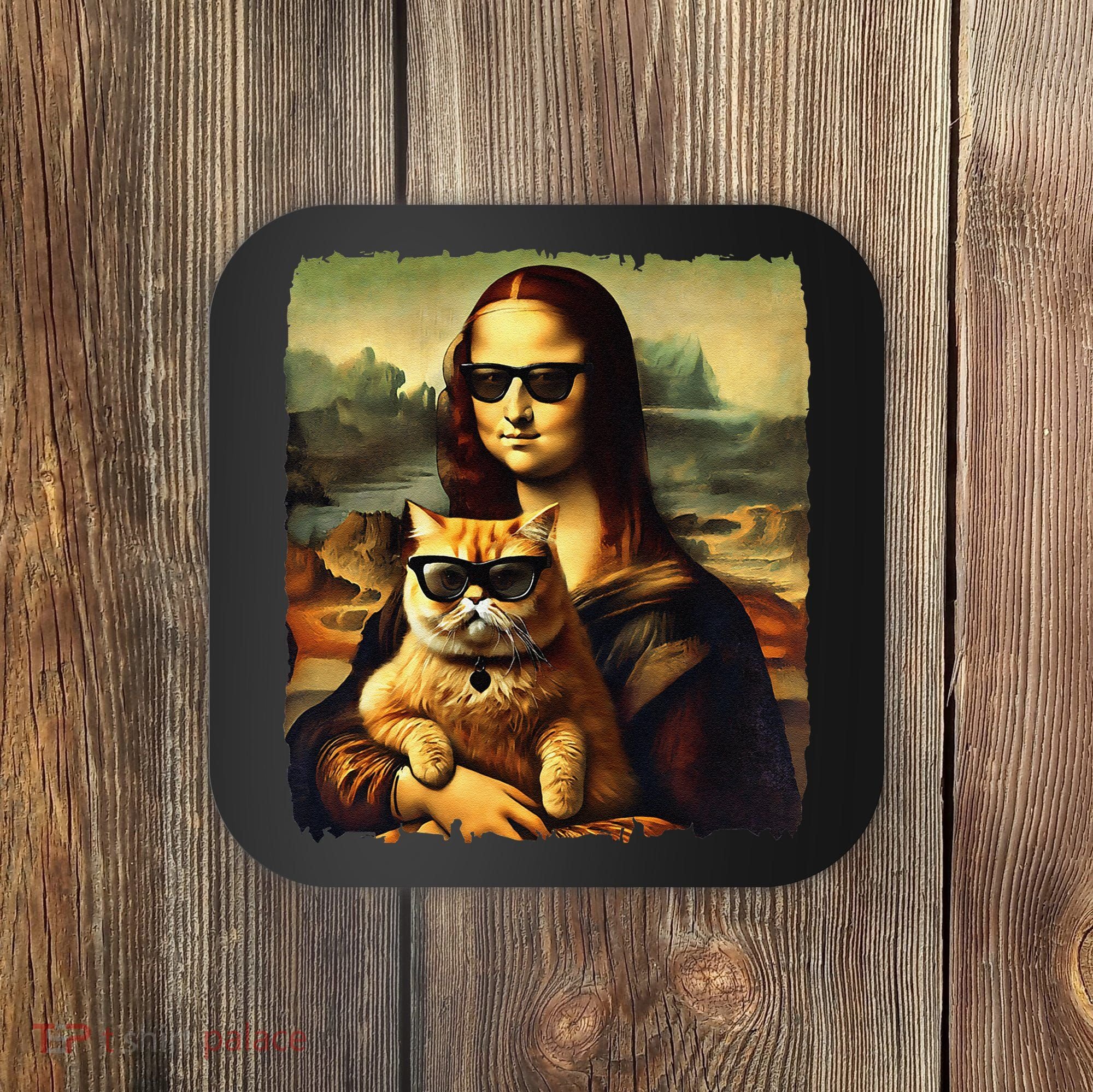Mona Lisa Holding Cat Wearing Sunglass Kitty For Cats Lover Coaster