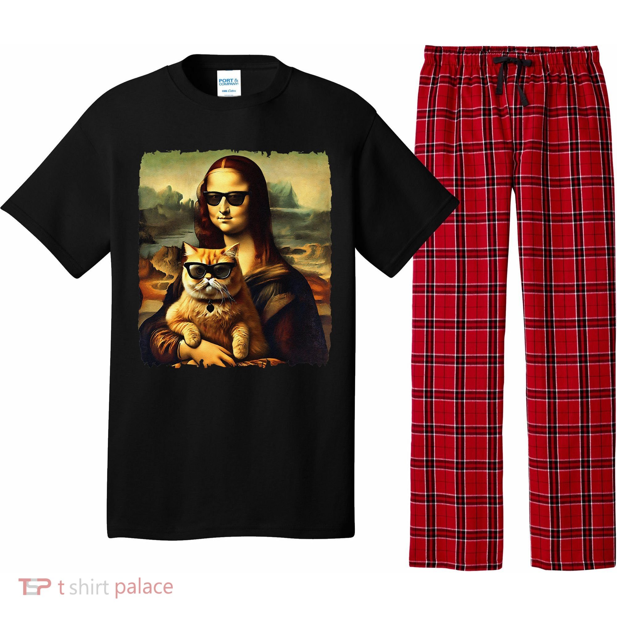 Mona Lisa Holding Cat Wearing Sunglass Kitty For Cats Lover Pajama Set