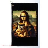 Mona Lisa Holding Cat Wearing Sunglass Kitty For Cats Lover Golf Towel thumb 0