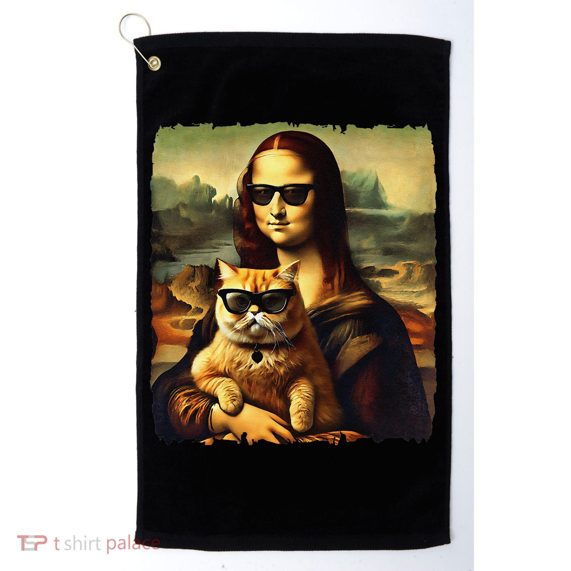 Mona Lisa Holding Cat Wearing Sunglass Kitty For Cats Lover Golf Towel