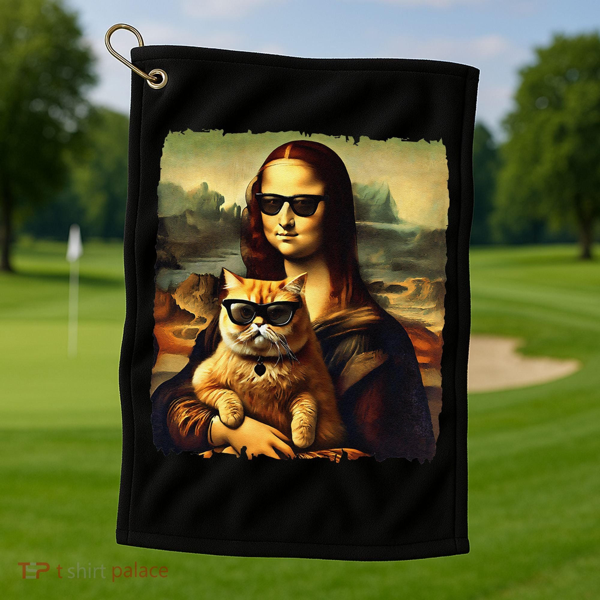 Mona Lisa Holding Cat Wearing Sunglass Kitty For Cats Lover Golf Towel