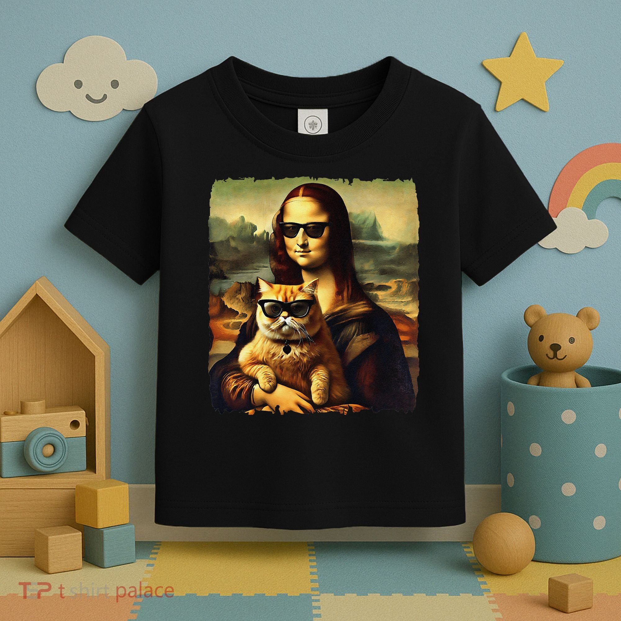 Mona Lisa Holding Cat Wearing Sunglass Kitty For Cats Lover Toddler T-Shirt