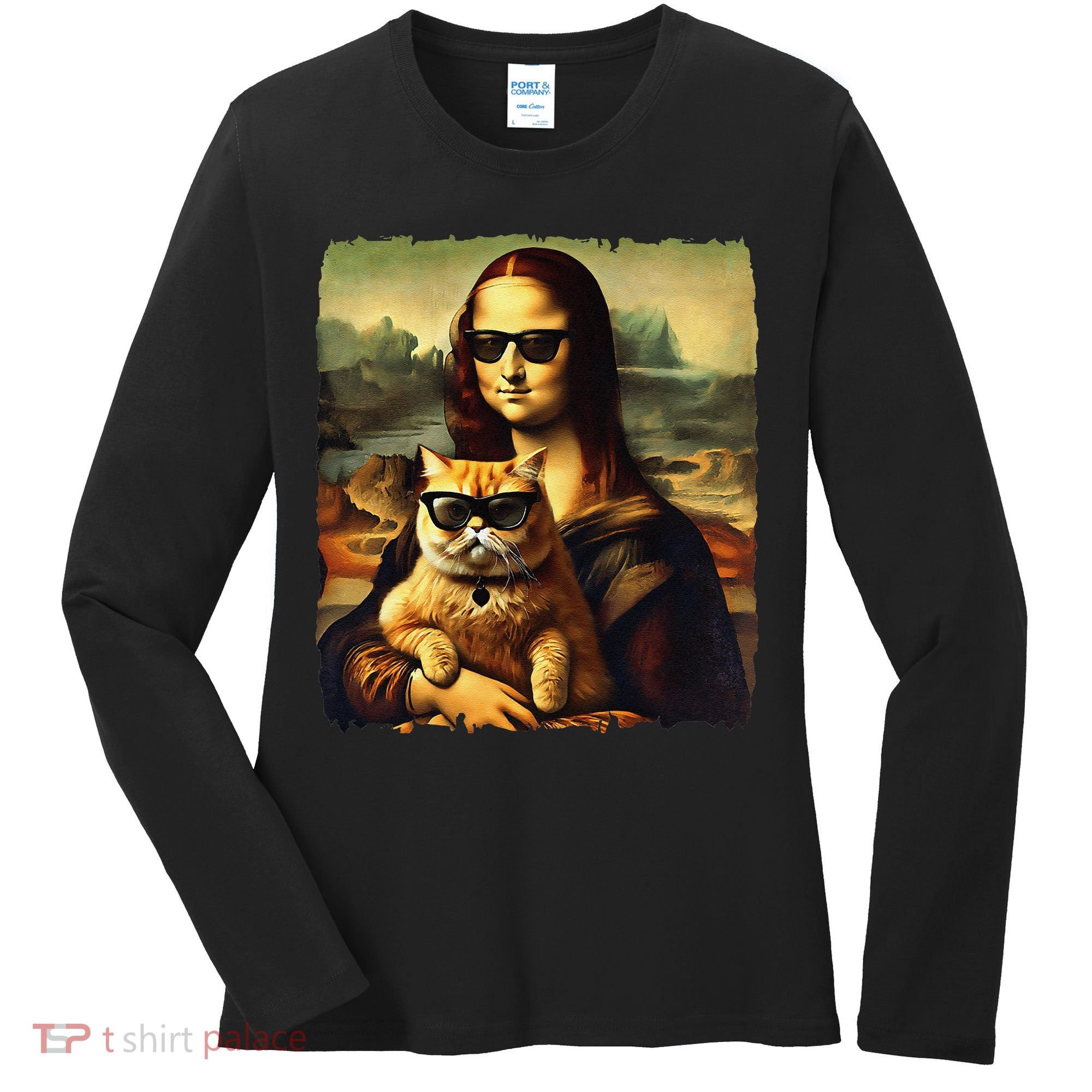 Mona Lisa Holding Cat Wearing Sunglass Kitty For Cats Lover Women's Long Sleeve Shirt