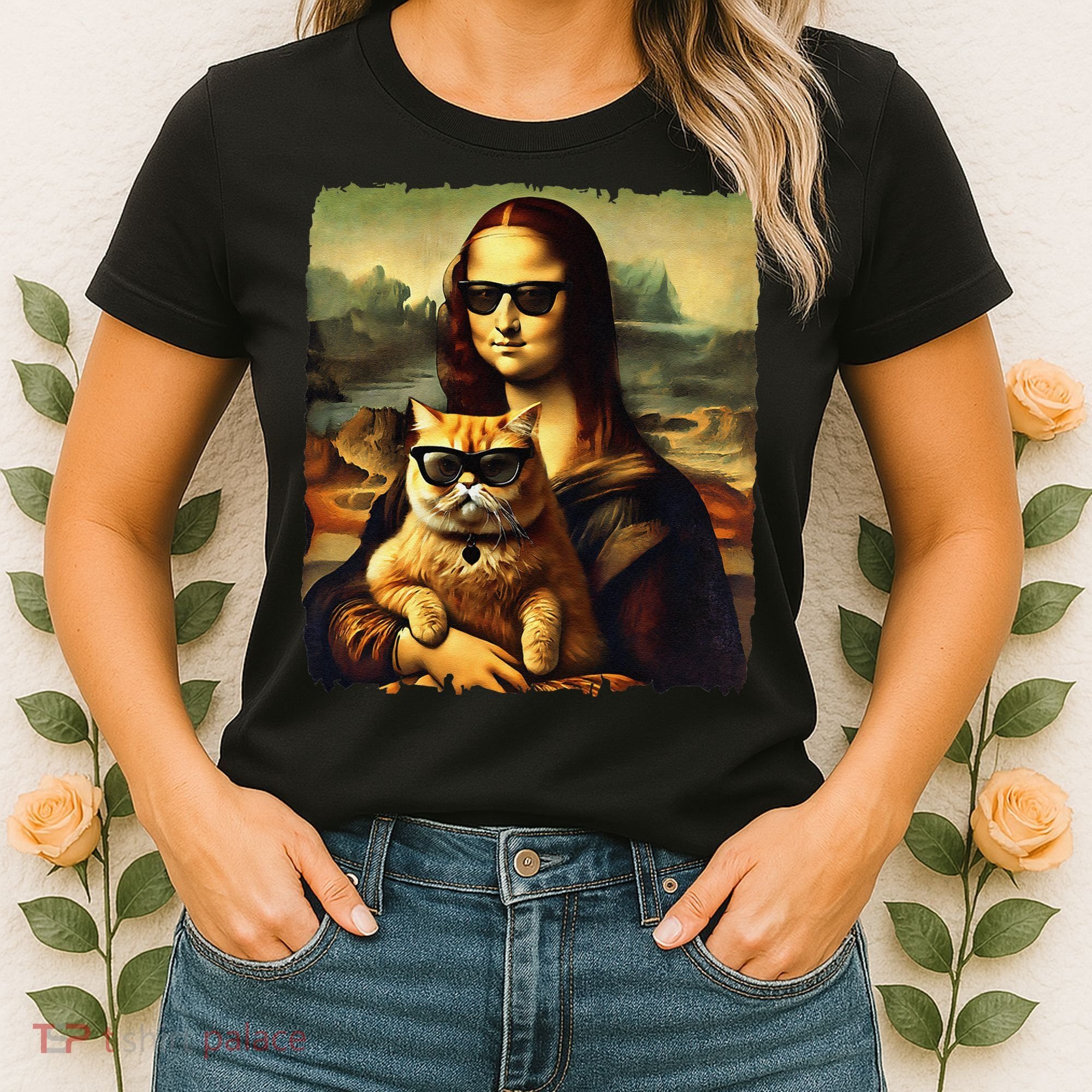 Mona Lisa Holding Cat Wearing Sunglass Kitty For Cats Lover Women's T-Shirt