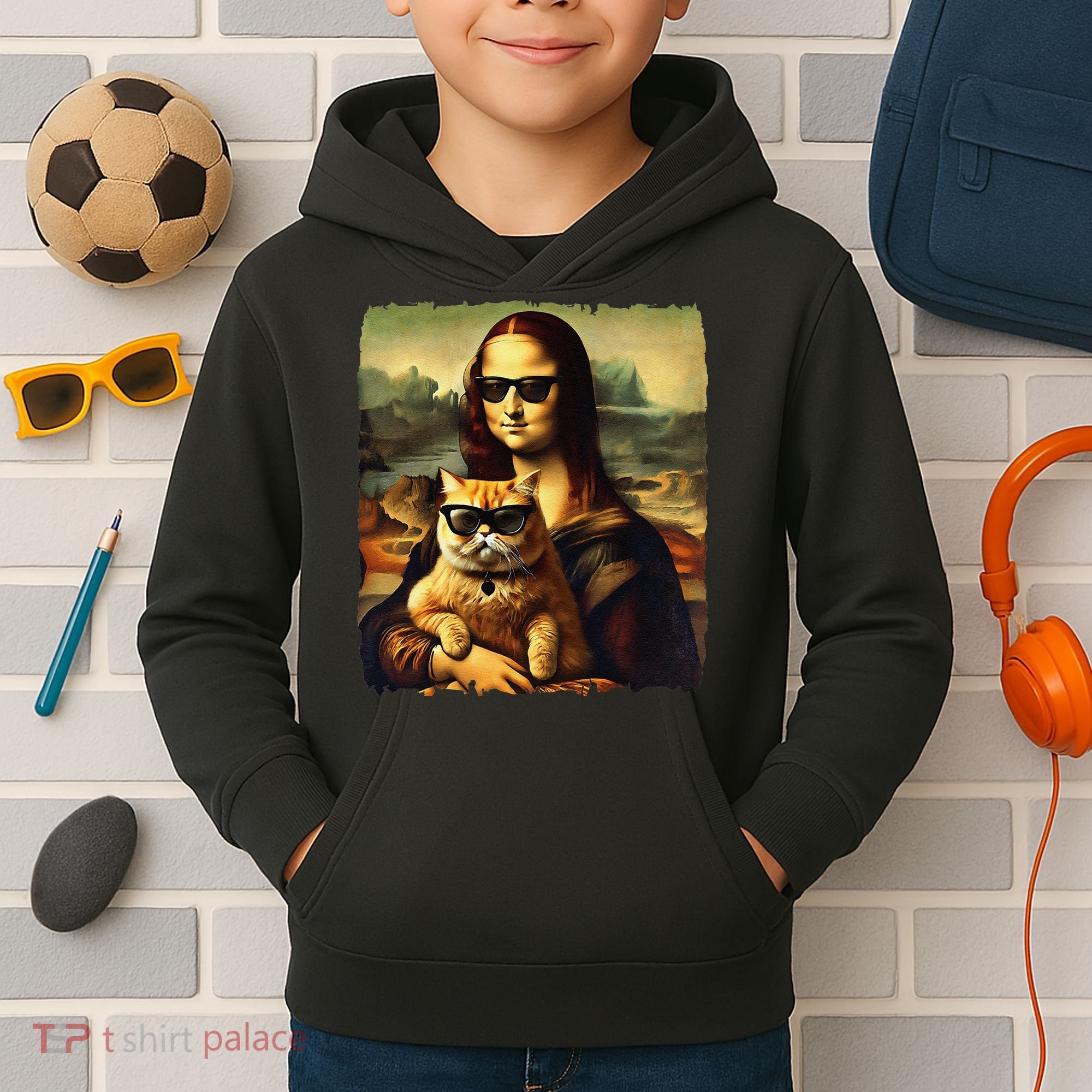 Mona Lisa Holding Cat Wearing Sunglass Kitty For Cats Lover Kids Hoodie