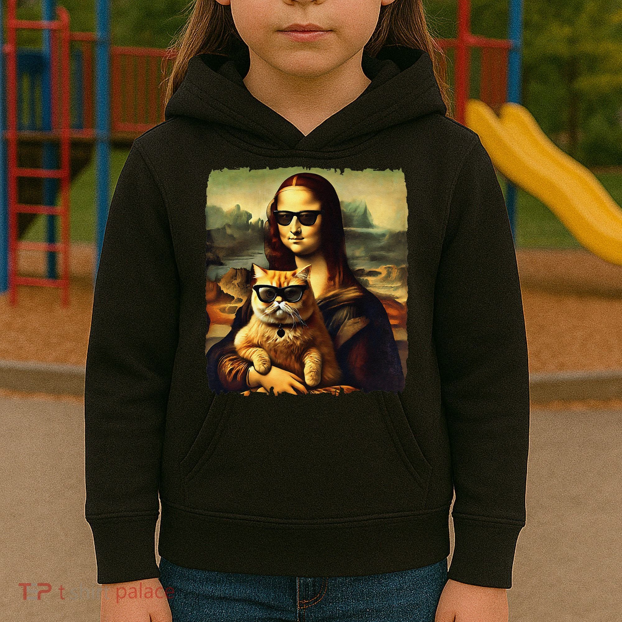 Mona Lisa Holding Cat Wearing Sunglass Kitty For Cats Lover Kids Hoodie
