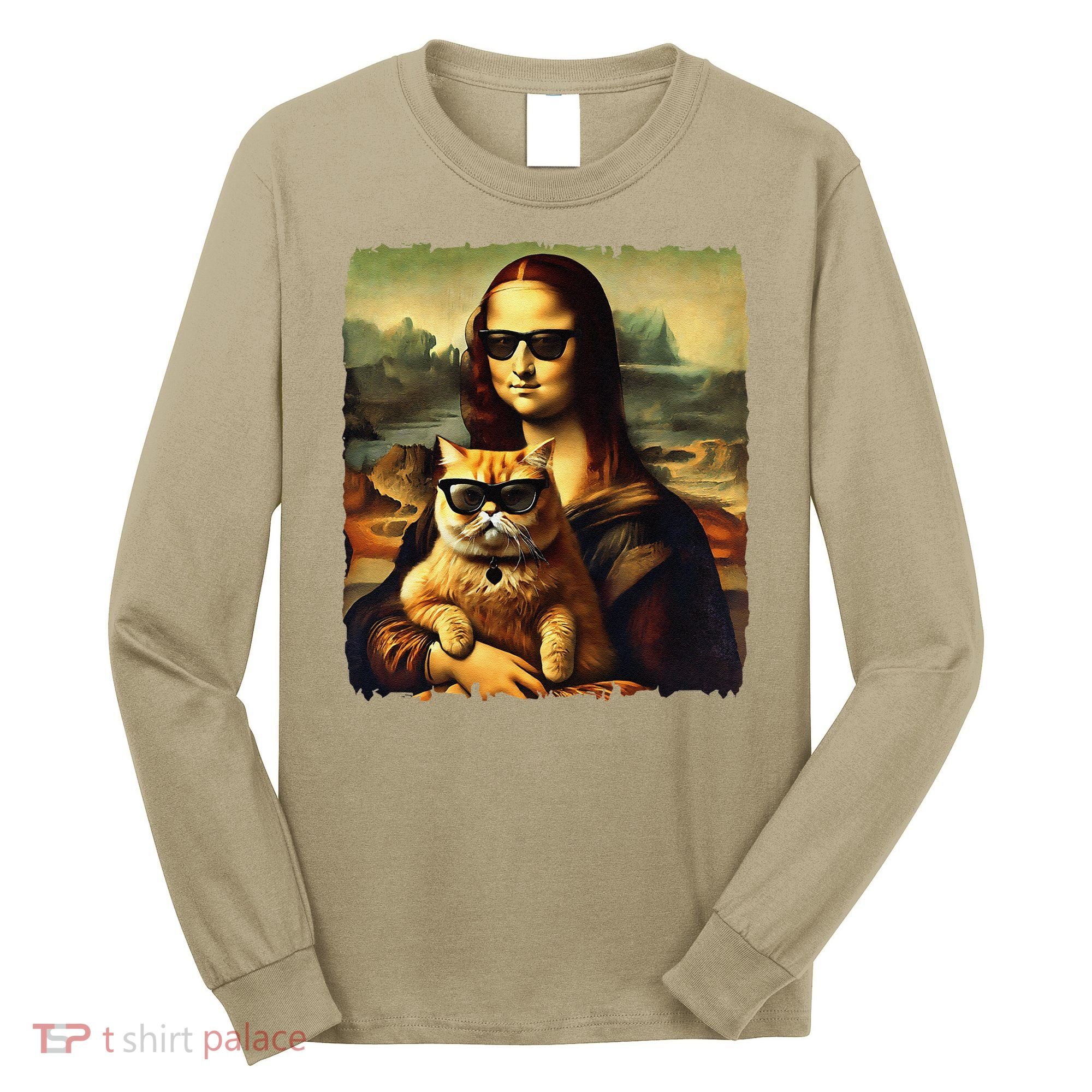 Mona Lisa Holding Cat Wearing Sunglass Kitty For Cats Lover Long Sleeve Shirt
