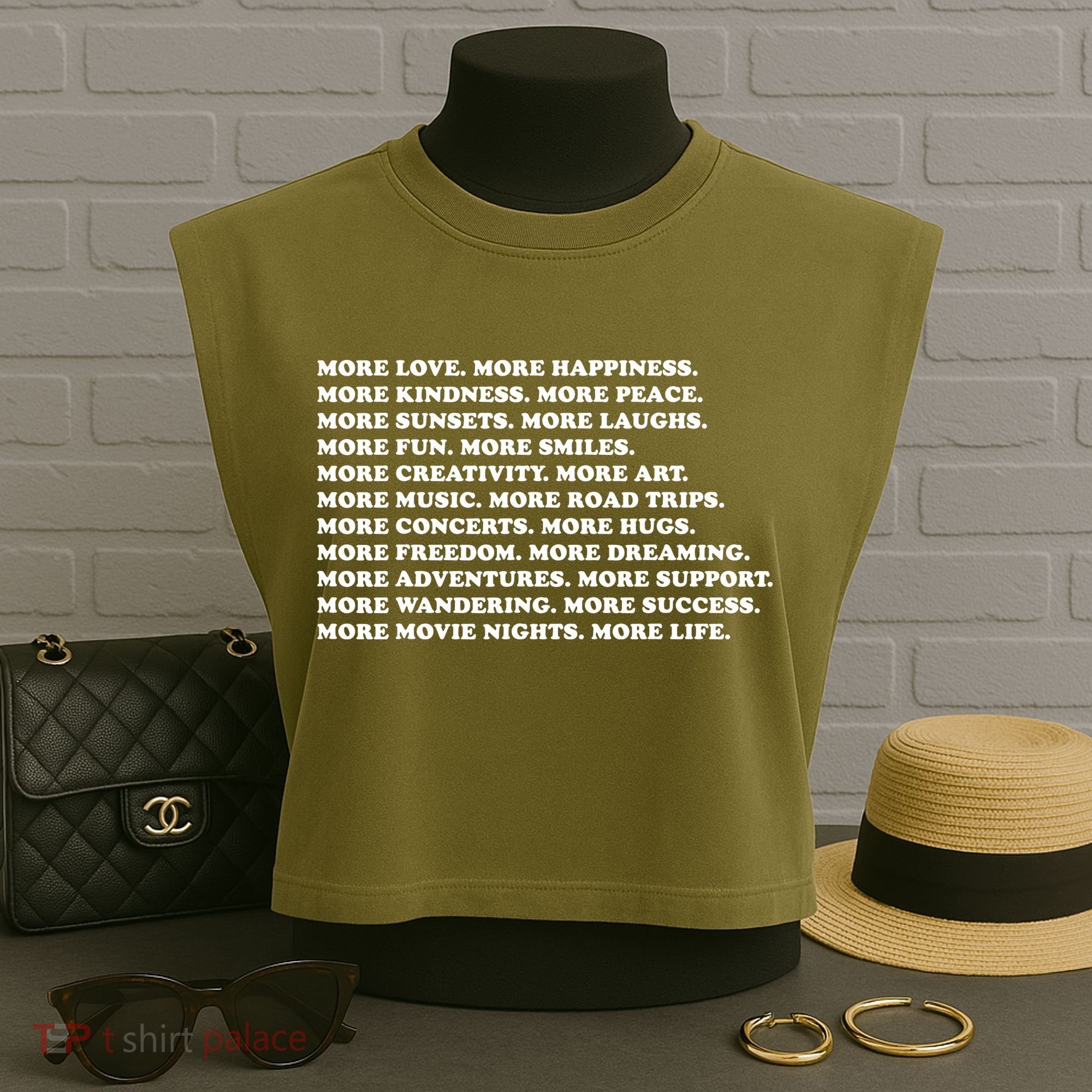 More Love Happiness Kindness Peace Laughs Music Garment-Dyed Women's Muscle Tee