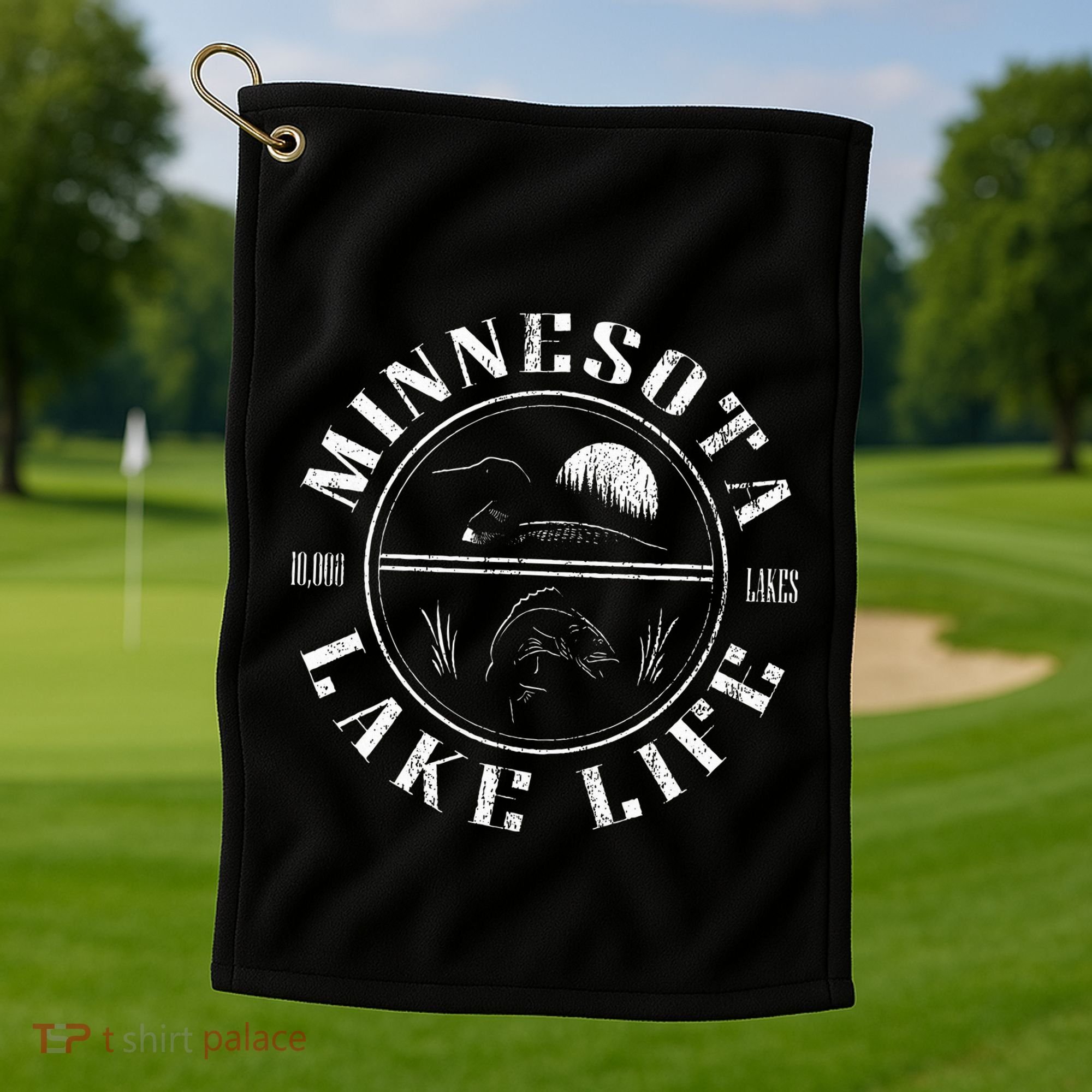 Minnesota Lake Life With Loon Walleye And Sunset Golf Towel