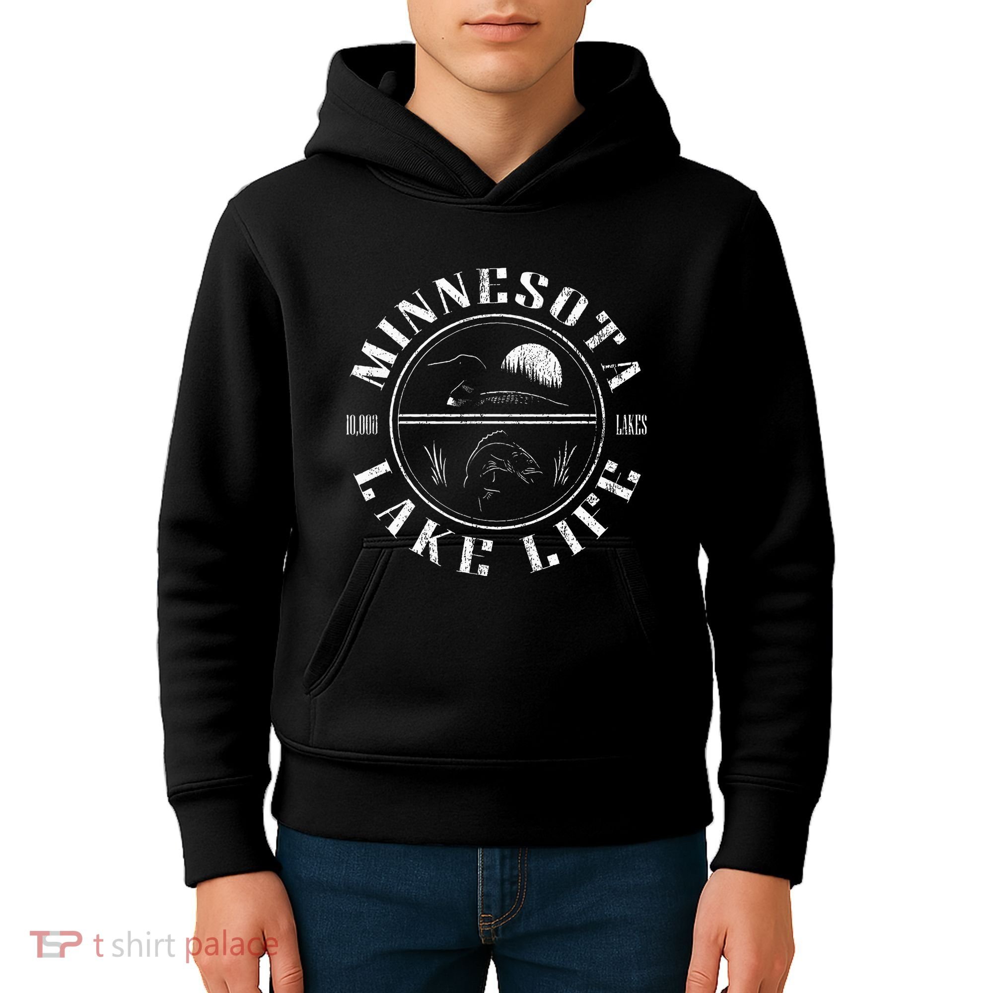 Minnesota Lake Life With Loon Walleye And Sunset Kids Hoodie
