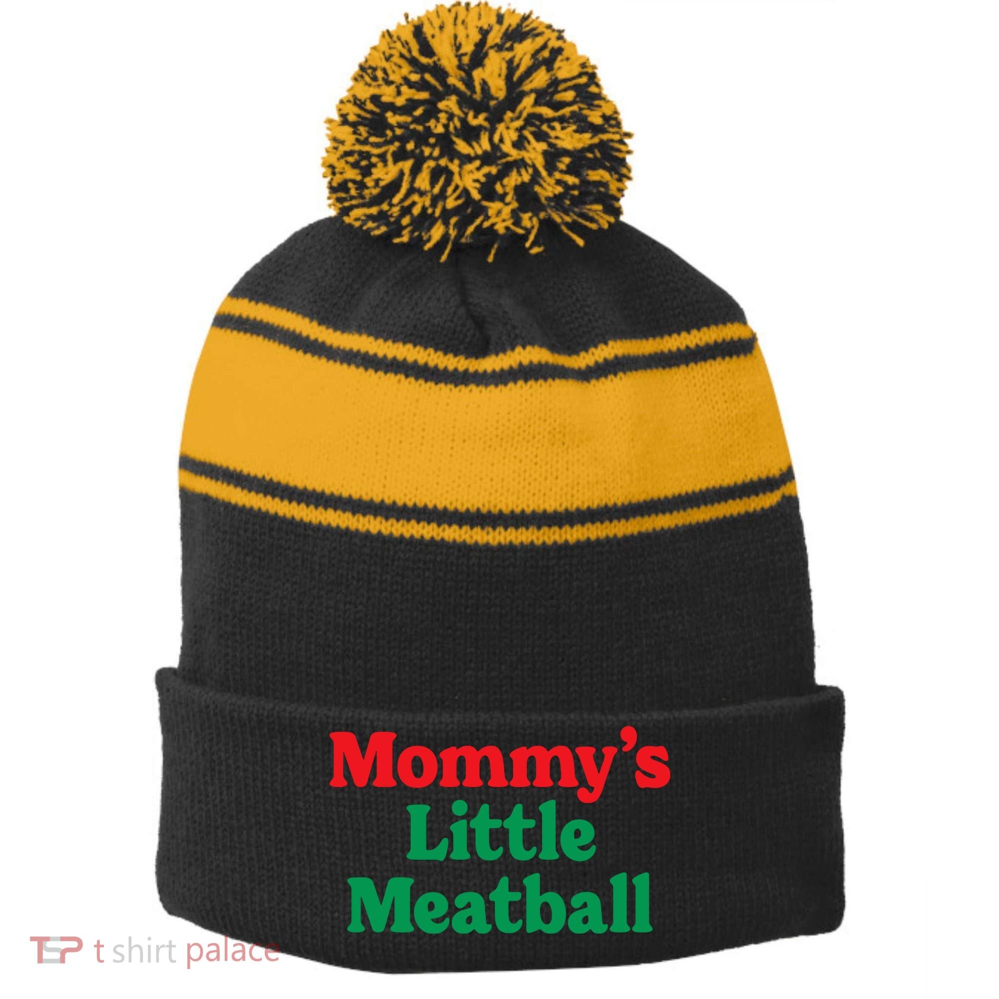 Mommys Little Meatball Italian Meme Stripe Pom Pom Beanie