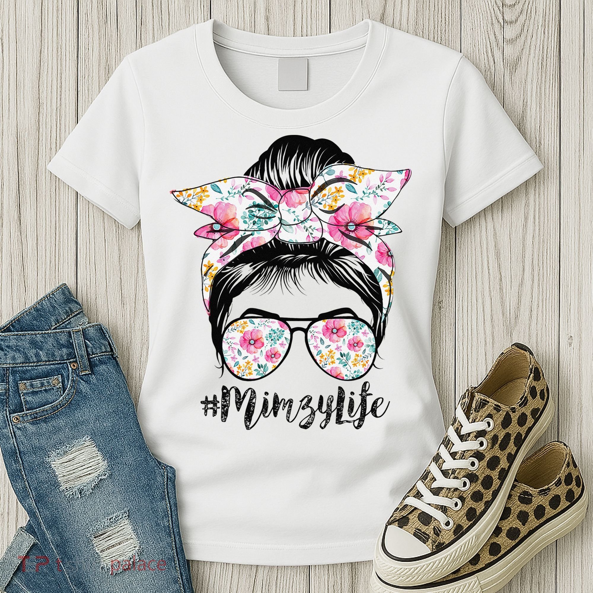 Mimzy Life Messy Hair Bun Floral Mother's Day Women's T-Shirt