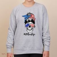 Mom Life Messy Bun Sugar Skull American Flag 4th Of July Women's Sweatshirt thumb 0