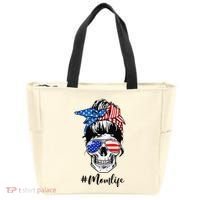 Mom Life Messy Bun Sugar Skull American Flag 4th Of July Tote Bag thumb 0