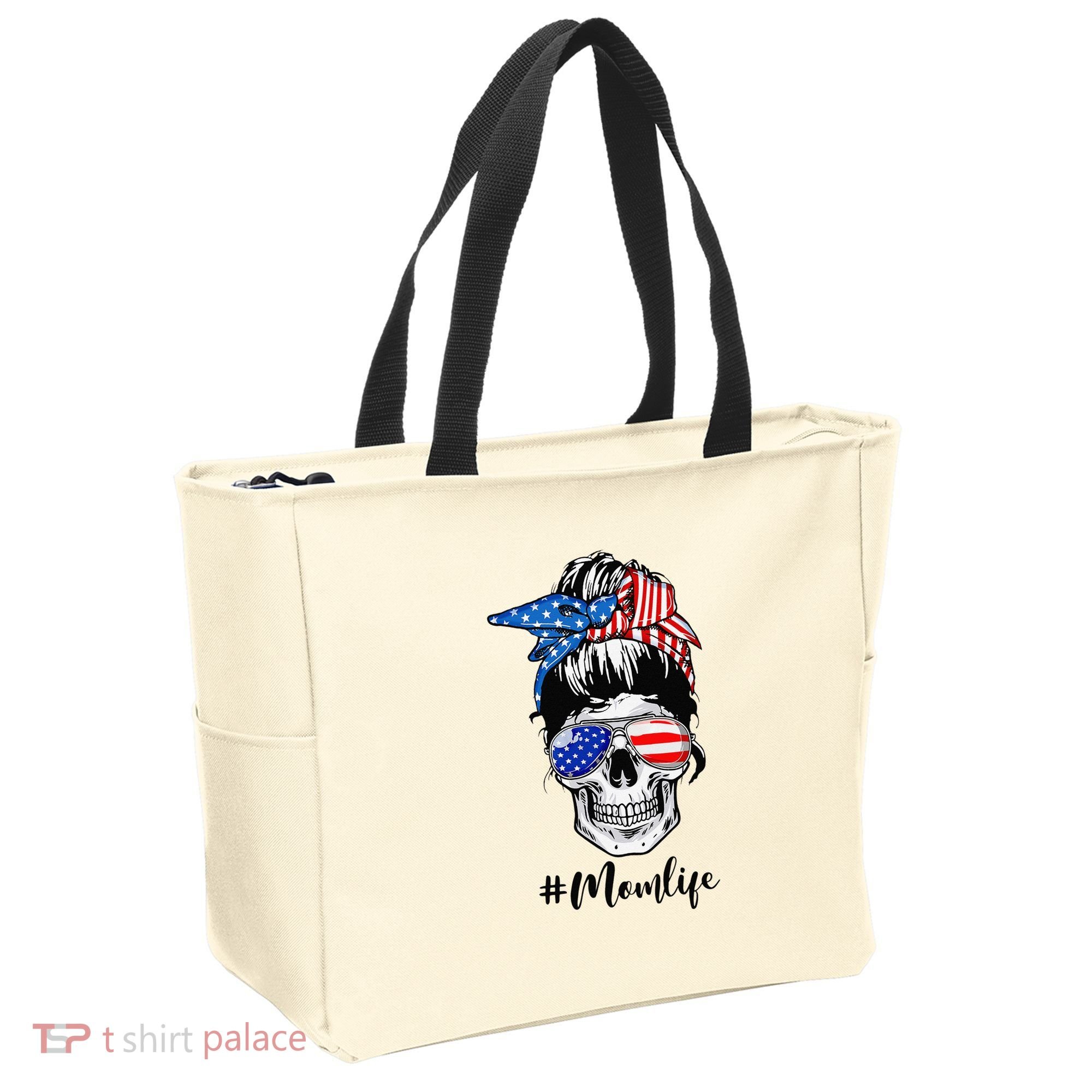 Mom Life Messy Bun Sugar Skull American Flag 4th Of July Tote Bag