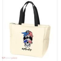 Mom Life Messy Bun Sugar Skull American Flag 4th Of July Tote Bag thumb 3