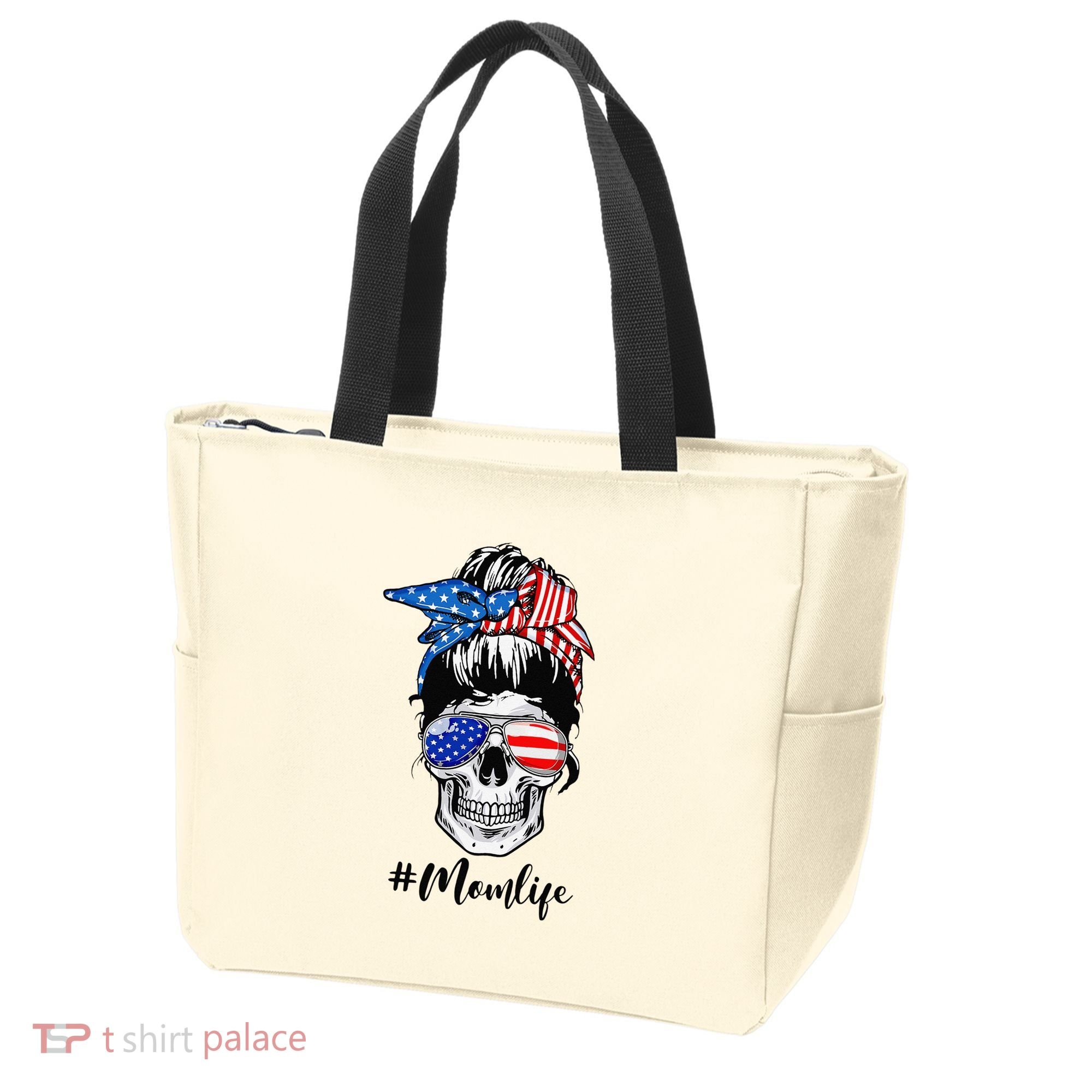 Mom Life Messy Bun Sugar Skull American Flag 4th Of July Tote Bag