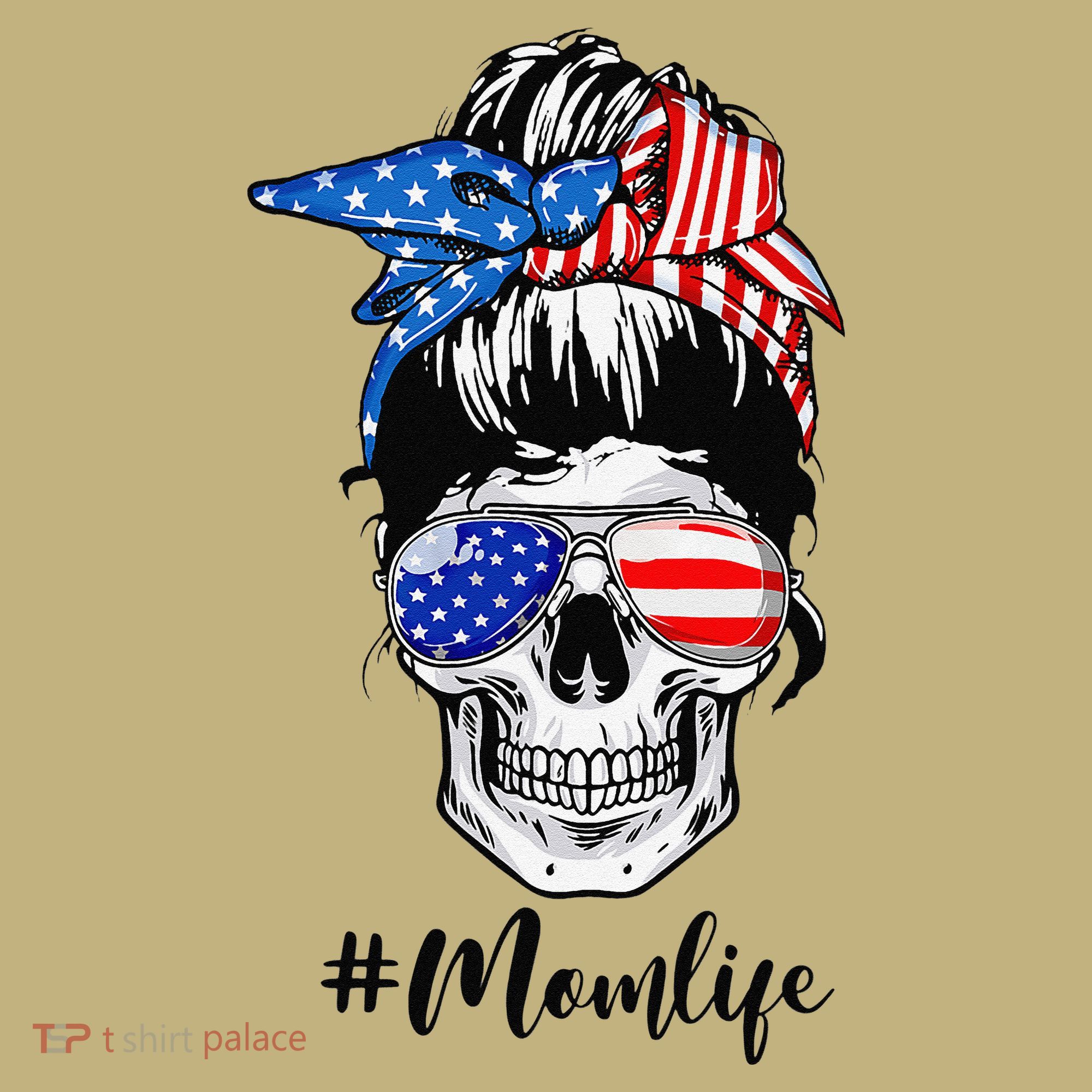 Mom Life Messy Bun Sugar Skull American Flag 4th Of July Long Sleeve Shirt