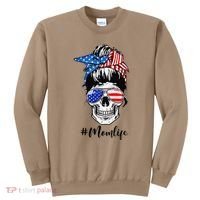 Mom Life Messy Bun Sugar Skull American Flag 4th Of July Sweatshirt thumb 0