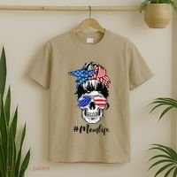 Mom Life Messy Bun Sugar Skull American Flag 4th Of July T-Shirt thumb 2