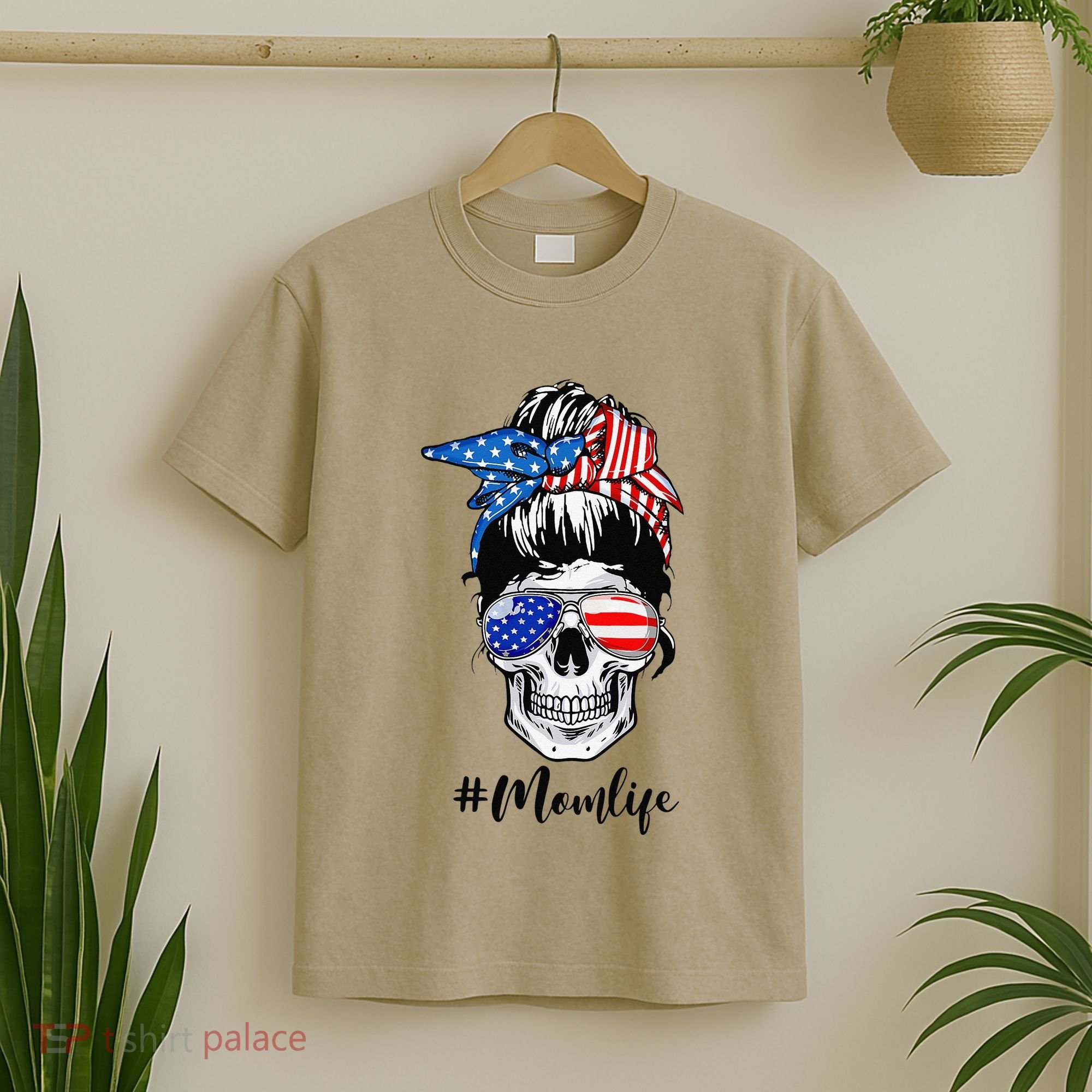 Mom Life Messy Bun Sugar Skull American Flag 4th Of July T-Shirt
