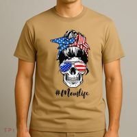 Mom Life Messy Bun Sugar Skull American Flag 4th Of July T-Shirt thumb 3