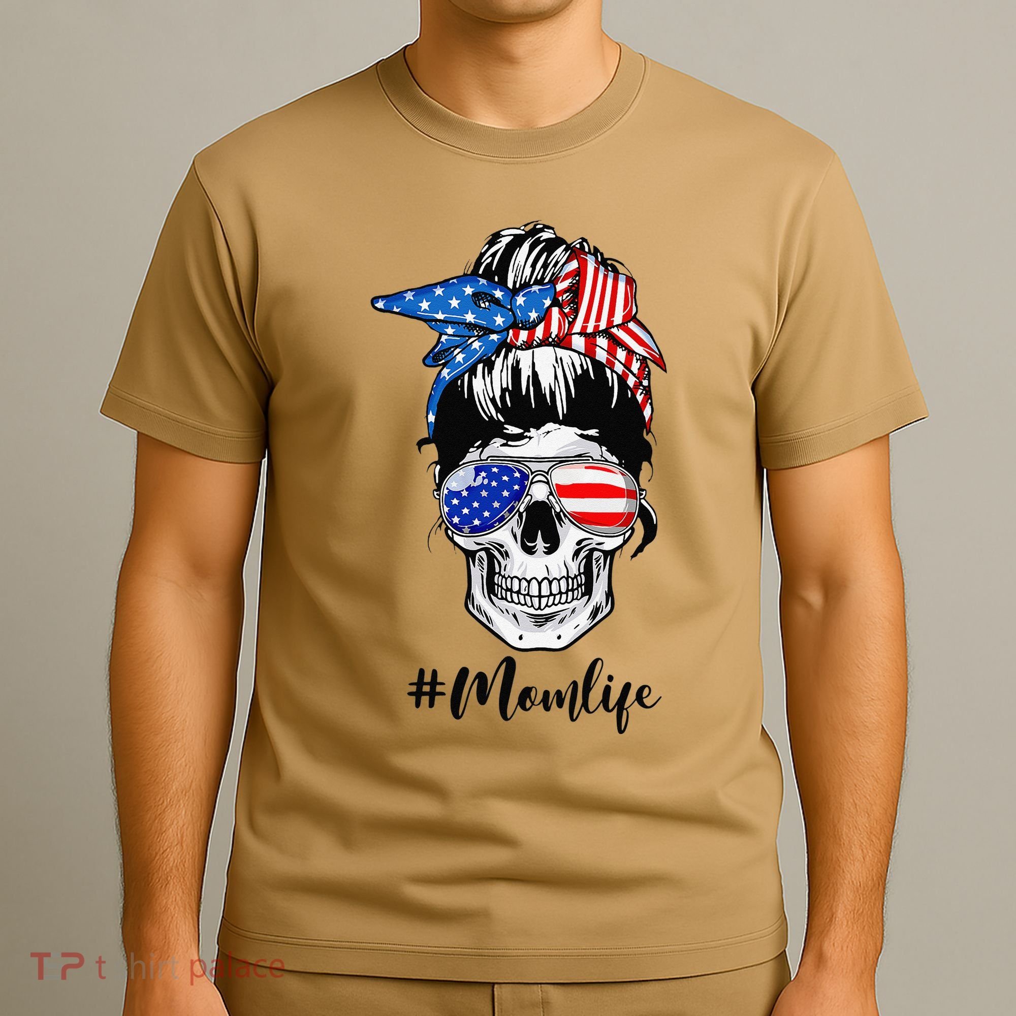 Mom Life Messy Bun Sugar Skull American Flag 4th Of July T-Shirt