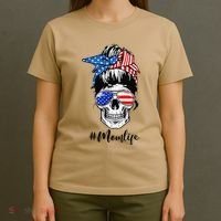 Mom Life Messy Bun Sugar Skull American Flag 4th Of July T-Shirt thumb 4