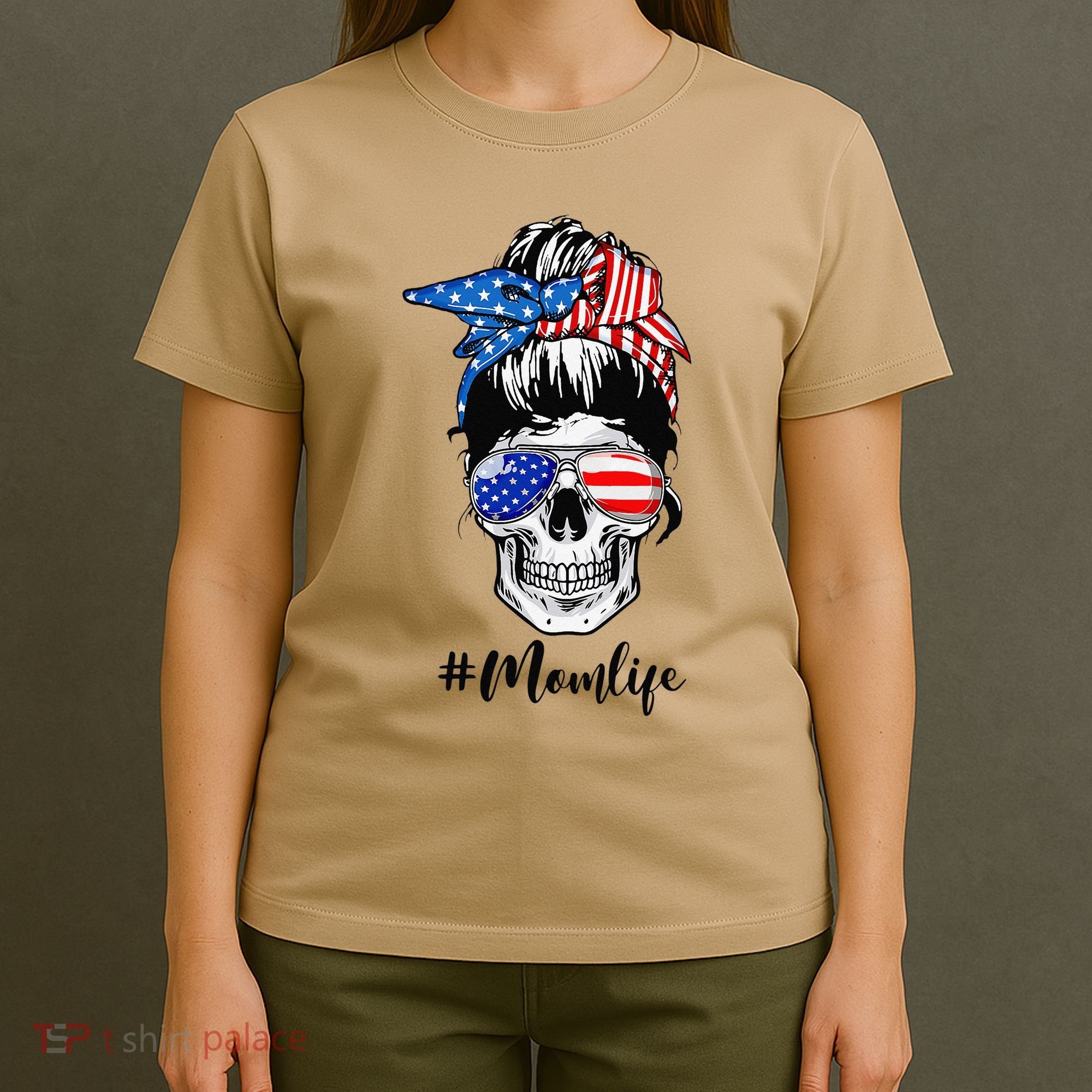 Mom Life Messy Bun Sugar Skull American Flag 4th Of July T-Shirt