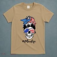 Mom Life Messy Bun Sugar Skull American Flag 4th Of July T-Shirt thumb 5