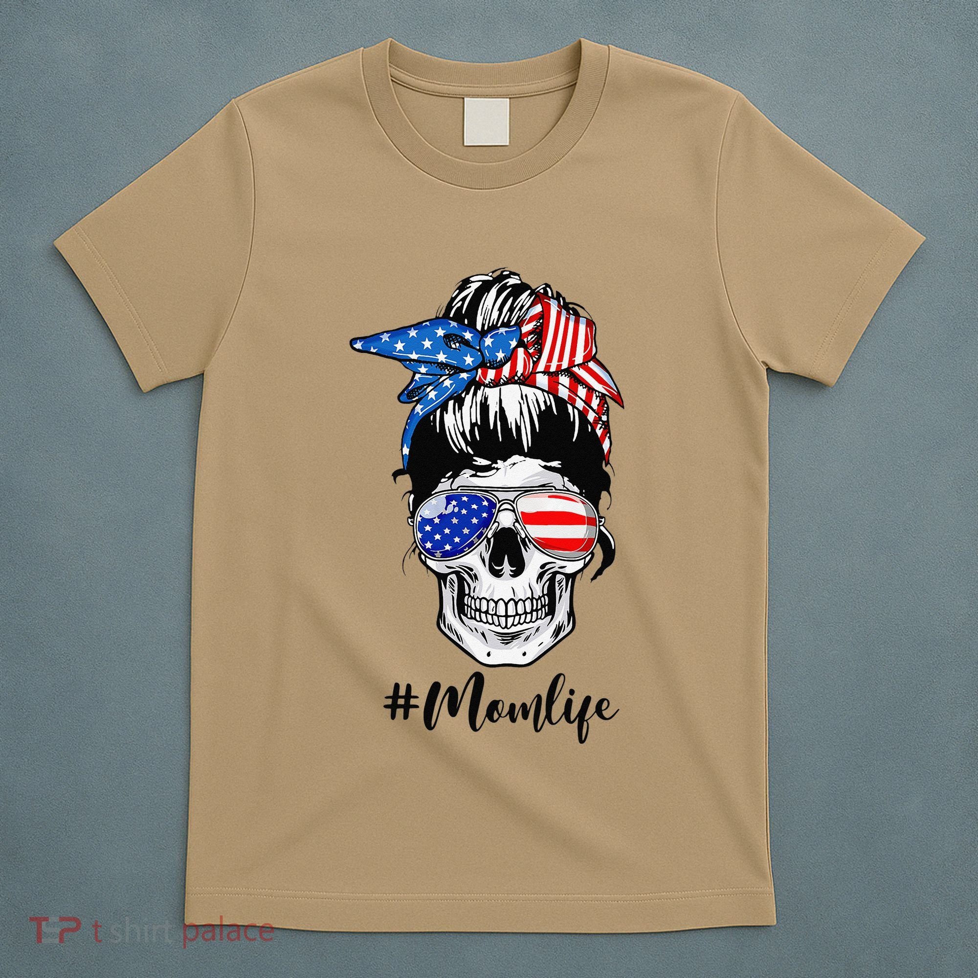 Mom Life Messy Bun Sugar Skull American Flag 4th Of July T-Shirt