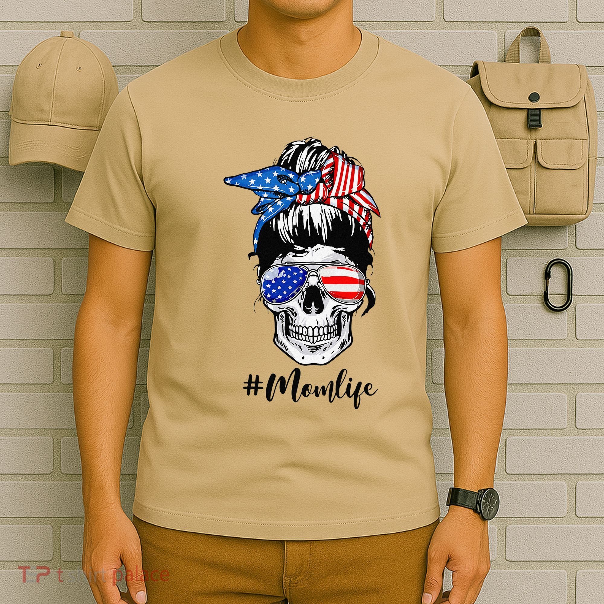 Mom Life Messy Bun Sugar Skull American Flag 4th Of July T-Shirt