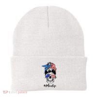 Mom Life Messy Bun Sugar Skull American Flag 4th Of July Beanie thumb 0