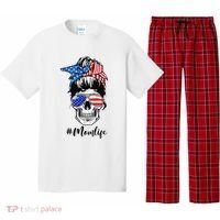 Mom Life Messy Bun Sugar Skull American Flag 4th Of July Pajama Set thumb 0