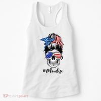Mom Life Messy Bun Sugar Skull American Flag 4th Of July Women's Tank Top thumb 0