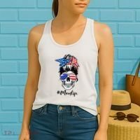 Mom Life Messy Bun Sugar Skull American Flag 4th Of July Women's Tank Top thumb 2