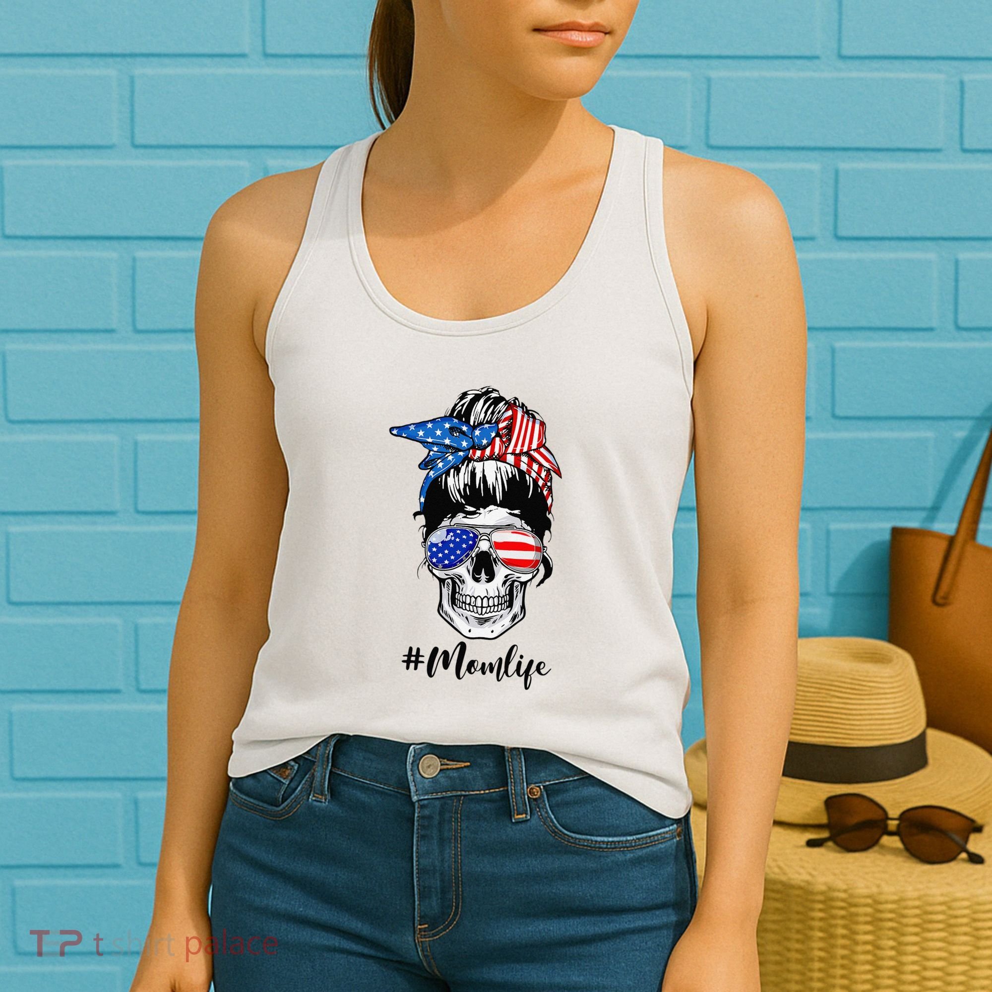 Mom Life Messy Bun Sugar Skull American Flag 4th Of July Women's Tank Top