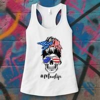 Mom Life Messy Bun Sugar Skull American Flag 4th Of July Women's Tank Top thumb 3