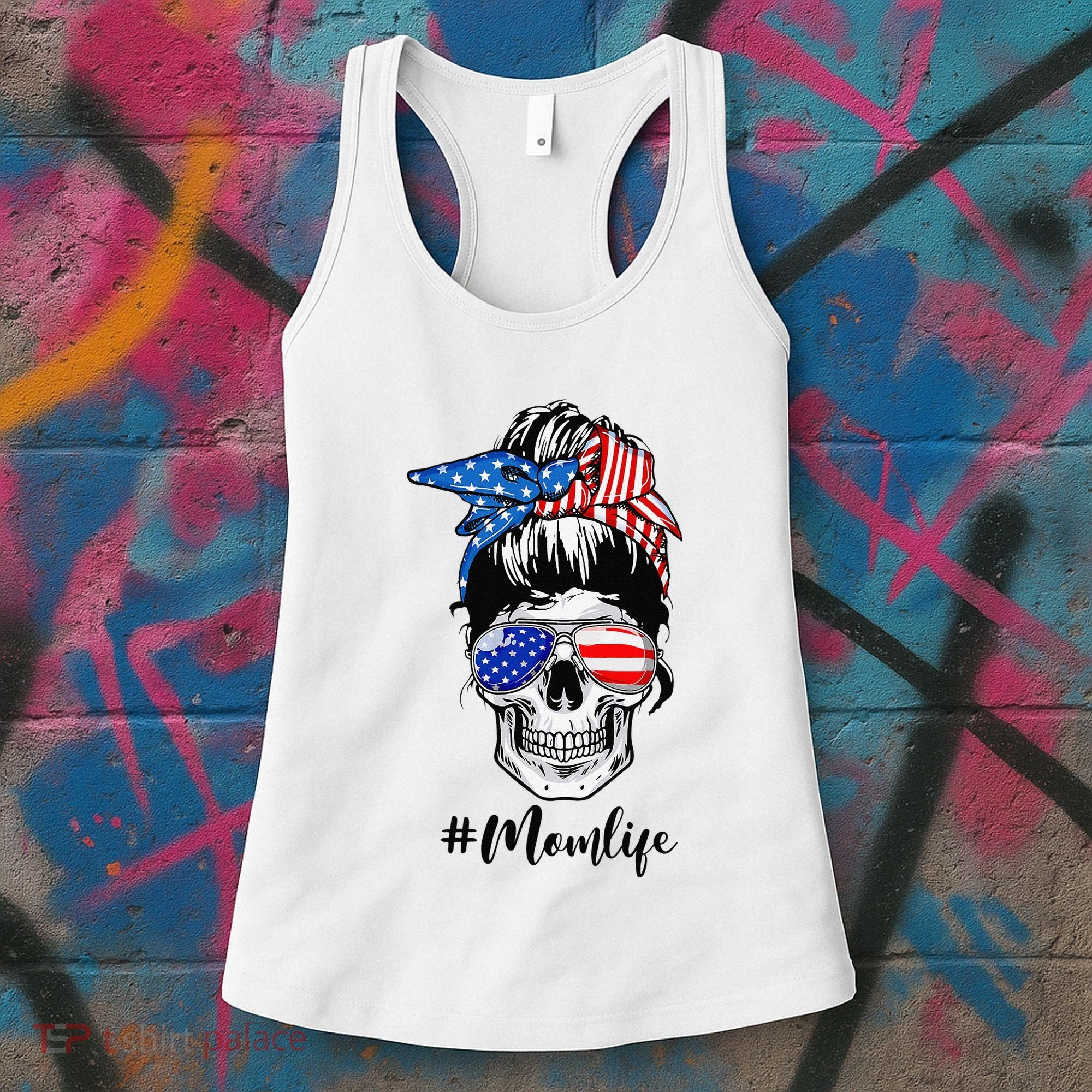 Mom Life Messy Bun Sugar Skull American Flag 4th Of July Women's Tank Top