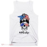 Mom Life Messy Bun Sugar Skull American Flag 4th Of July Tank Top thumb 0