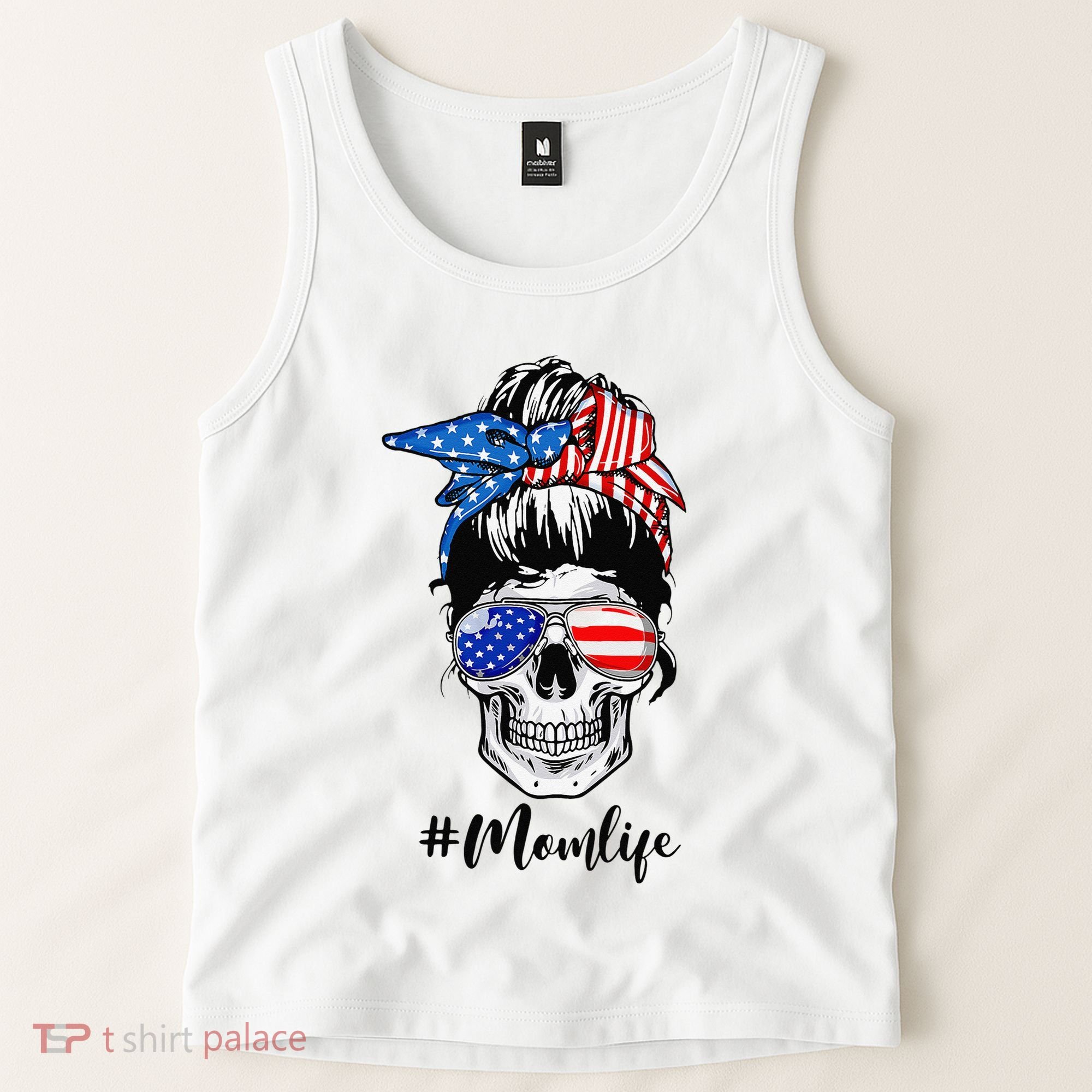 Mom Life Messy Bun Sugar Skull American Flag 4th Of July Tank Top