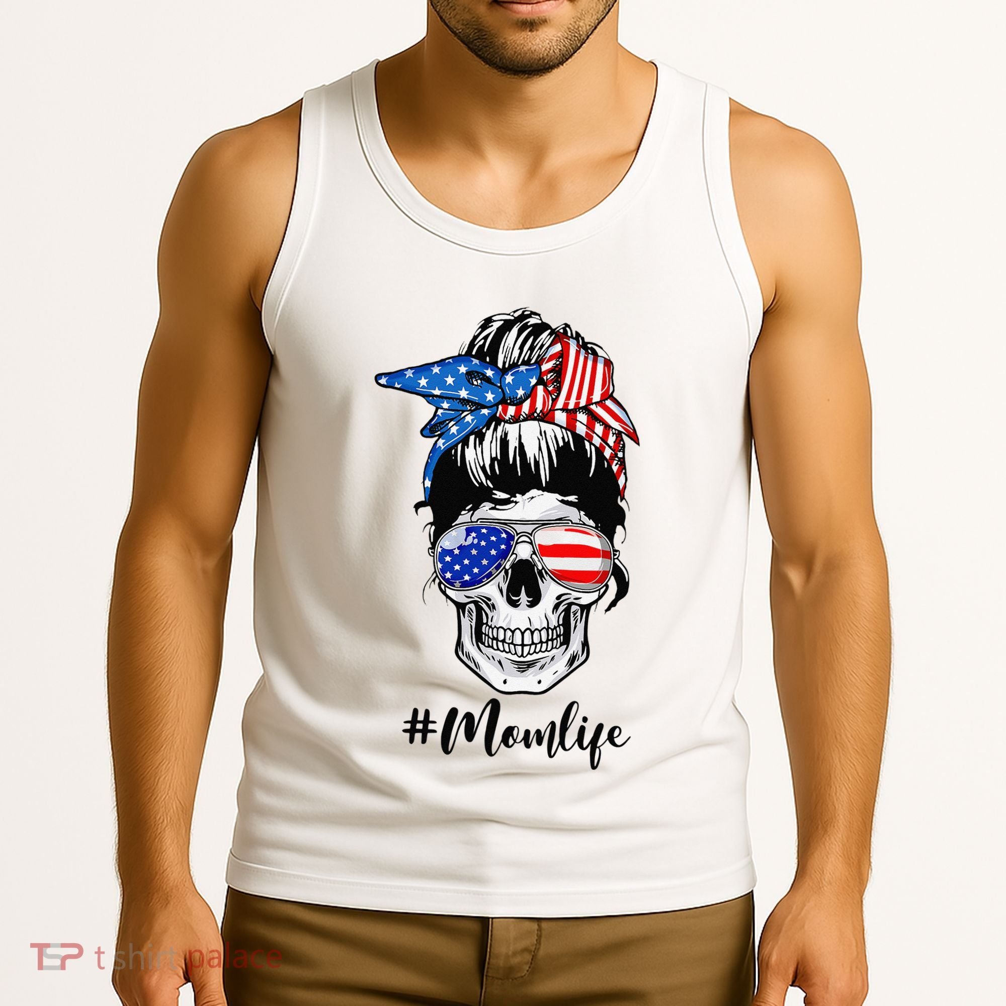 Mom Life Messy Bun Sugar Skull American Flag 4th Of July Tank Top