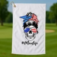 Mom Life Messy Bun Sugar Skull American Flag 4th Of July Golf Towel thumb 1