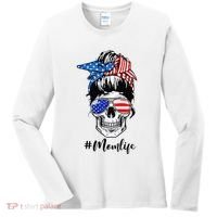 Mom Life Messy Bun Sugar Skull American Flag 4th Of July Women's Long Sleeve Shirt thumb 0