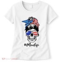 Mom Life Messy Bun Sugar Skull American Flag 4th Of July Women's T-Shirt thumb 0