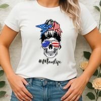 Mom Life Messy Bun Sugar Skull American Flag 4th Of July Women's T-Shirt thumb 2